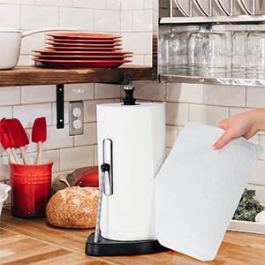 Dailyart Paper Towel Holder with One Hand Tear, Tension Arm & Non-Slip Weighted Base - Stainless Steel Kitchen Counter Stand for Paper Roll, Silver