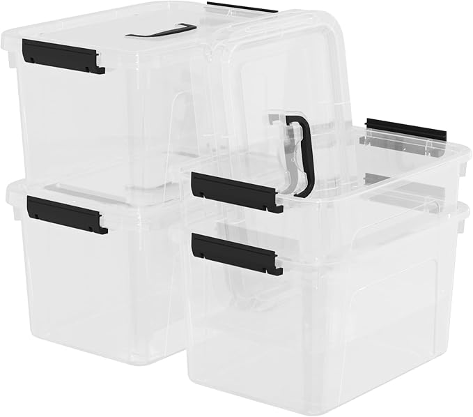 4 Packs 10 QT Plastic Storage Bins with Lids, Stackable Storage Containers for Organizing, Clear Storage Box for Garage, Closet, Kitchen