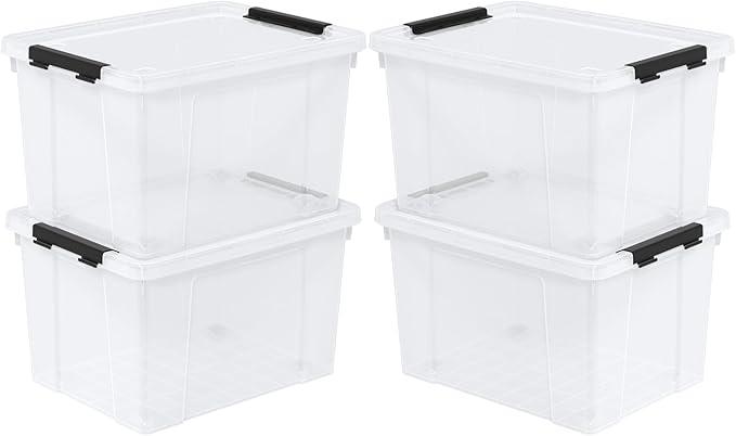 4-Pack 22 Quart Plastic Storage Bins with Lids, Plastic Latching Storage Box with Wheels, Clear