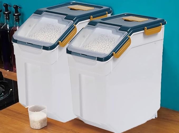 Large Flour Rice Storage Container 25lbs Bin with Measuring Cup & Scoop, BPA Free Rice Dispenser, Cereal & Dog Food Containers, Kitchen Organizer for Dry Beans, Oatmeal and Grains (4-Pack, Dark Blue)