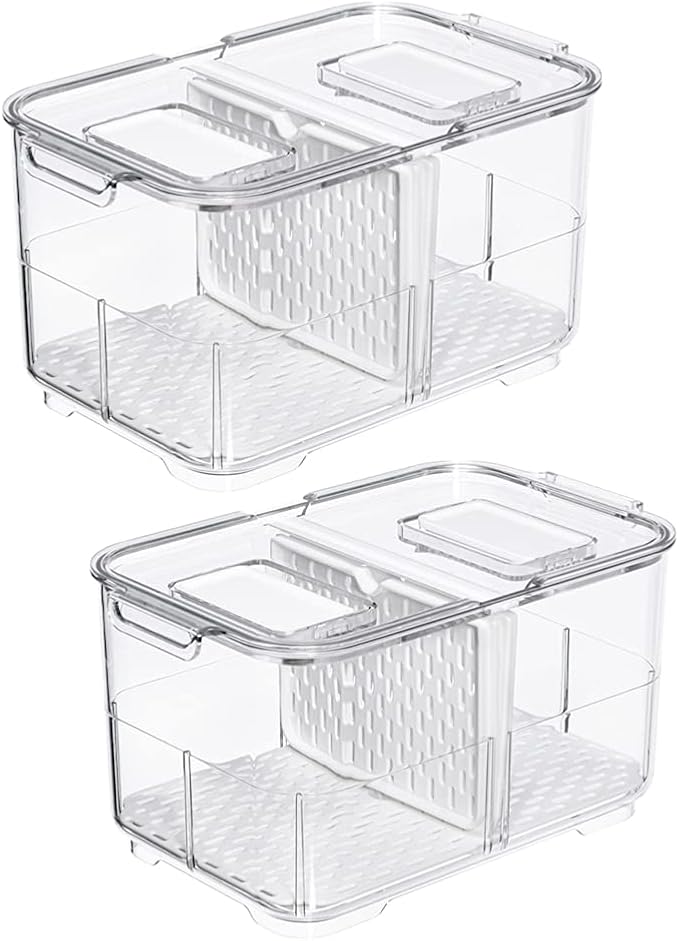 Lettuce Keeper Fridge Food Storage Container, Fresh Produce Saver Organizer Keeper Bins with Lids and Removable Drain Tray for Refrigerator Freezer Cabinet Kitchen 2800ML, 2 Pack