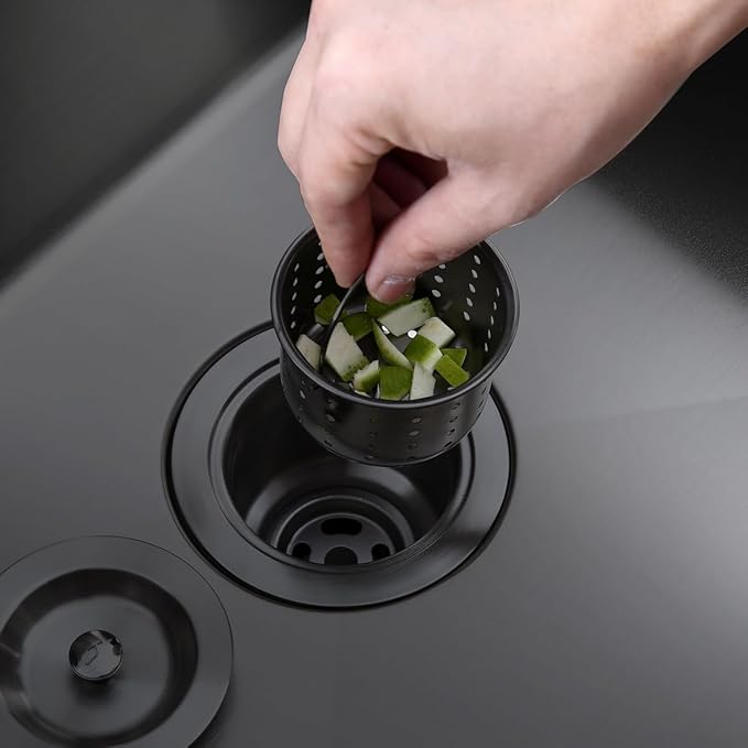 POPFLY 3-1/2 Inch Sink Drain Assembly Brushed 304 Stainless Steel Removable Deep Strainer Basket, Rust-Proof & Easy Install with Sealing Lid&Tailpiece, for Home/Bathroom/Commercial Sinks, Black
