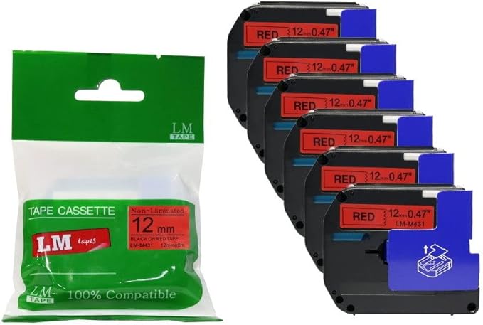 6/Pack LM Tapes - Premium Compatible 1/2" (12mm) Black on Red M Series P-Touch Tape, Replaces M431