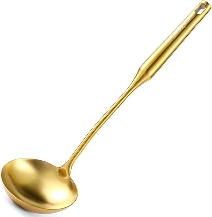Gold Soup Ladle and Spaghetti Spoon Set - 18/10 Stainless Steel Soup Spoon,Pasta Strainer, 13.8" Kitchen Utensils for Cooking,Stirring, Serving Pasta, Soup & Sauce, Christmas Gifts