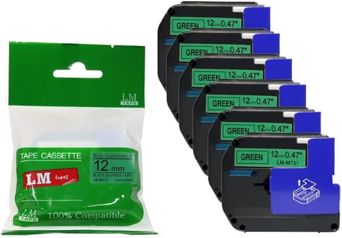 6/Pack LM Tapes - Premium Compatible 1/2" (12mm) Black on Green M Series P-Touch Tape, Replaces M731