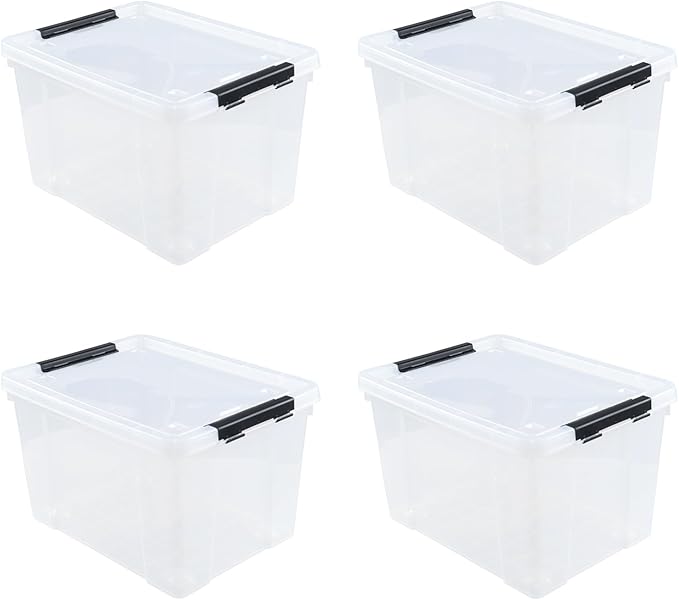 4-Pack 32 L Wheeled Clear Plastic Storage Latch Box, Large Clear Storage Bin with Lid