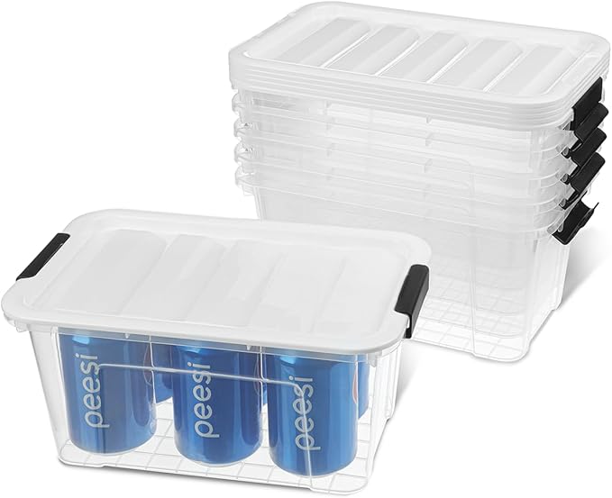 Plastic Storage Bins with Lids 6 Pack, 7 Quart Storage Containers with Black Buckle Latch, Stackable Storage Containers for Home Pantry Office Classroom Organization,