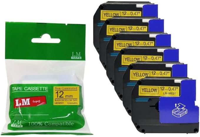 6/Pack LM Tapes - Compatible Brother M631 1/2" (12mm) Black on Yellow M Series P-Touch Tape - LM-M631