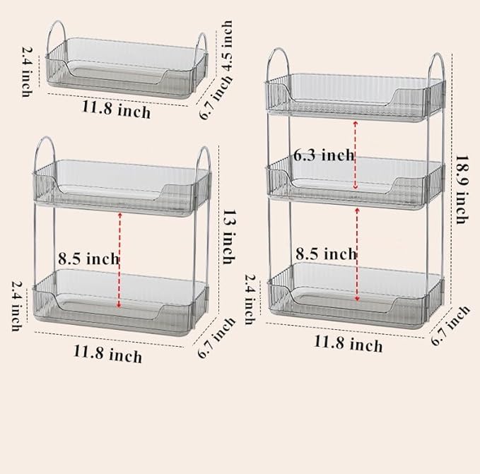 Grey 2-Tier Vanity Tray Organizer for Bathroom Counter, Skincare & Makeup