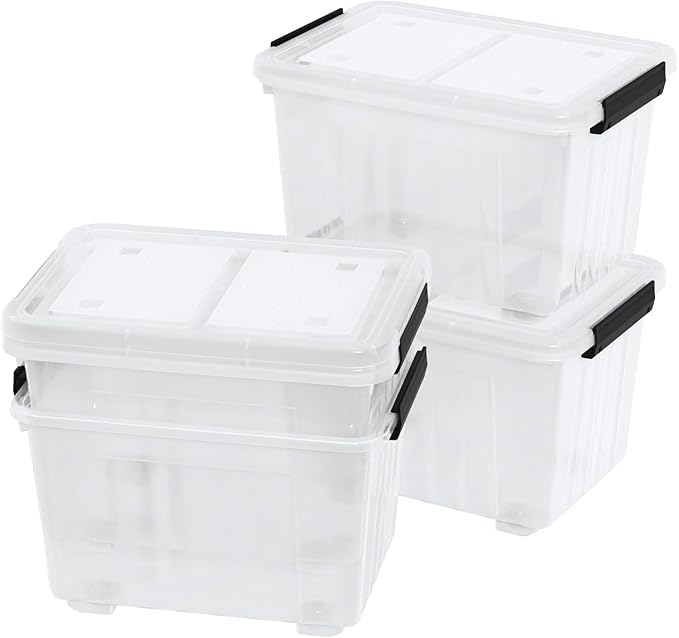42 L 4 Packs Plastic Storage Box with Latching Lid and Wheels, Clear Storage Container Bins