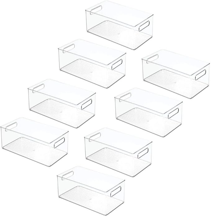 mDesign Deep Plastic Kitchen Storage Organizer Container Bin for Pantry, Cabinet, Cupboard, Shelves, Fridge, or Freezer - Holds Dry Goods, Sauces, Condiments, Drinks, Ligne Collection, 8 Pack, Clear