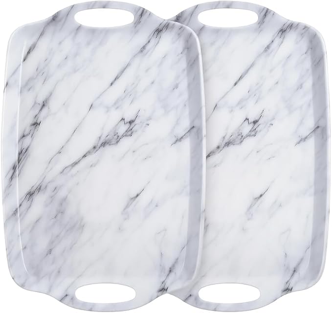 TP Large Serving Trays with Handles, 19" x 12" Melamine Serving Platters for Food, Turkey, Set of 2 Rectangular Trays for Party, White Marble
