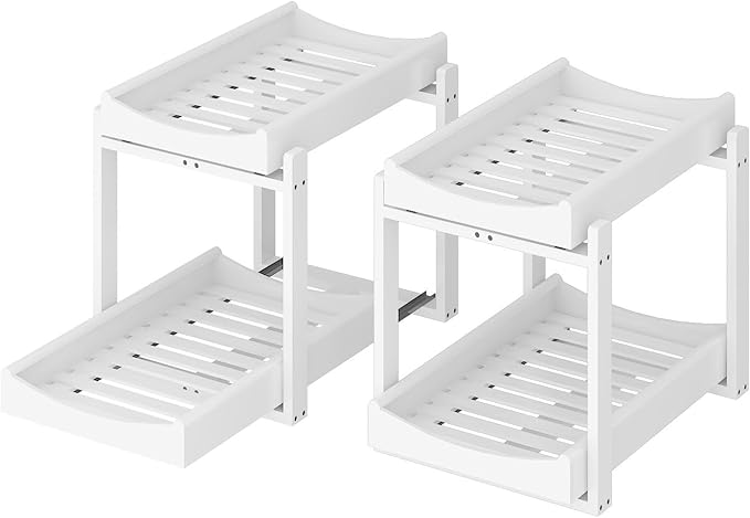 Bamboo Under Sink Organizer and Storage, 2 Pack Pull Out Cabinet Organization, 2 Tier Vertical Slide Out Undersink Storage Shelf, Multi-Purpose Organizer Shelves for Kitchen Bathroom Medicine, White