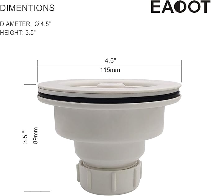 White Polymer Drain Kitchen Sink Drain Assembly with Removable Basket Strainer and Rubber Stopper for 3.5-Inch Drain Openings, Matching Color of Quartz, Granite Sinks