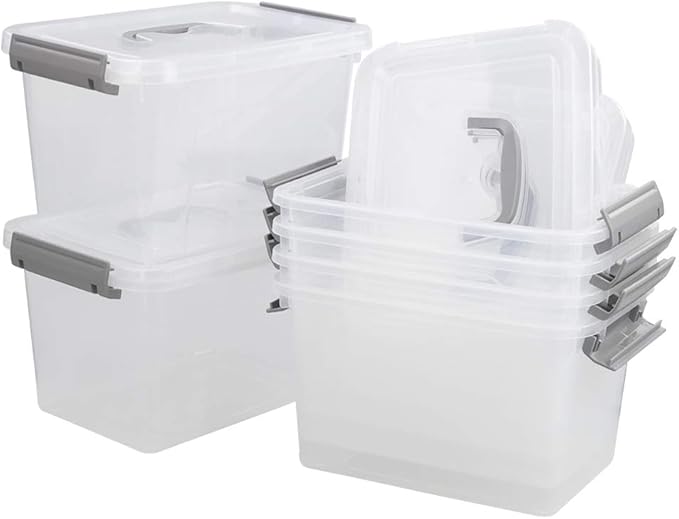 Vababa 6 Quart Clear Plastic Storage Box, Latch Box with Handle, 6-Pack