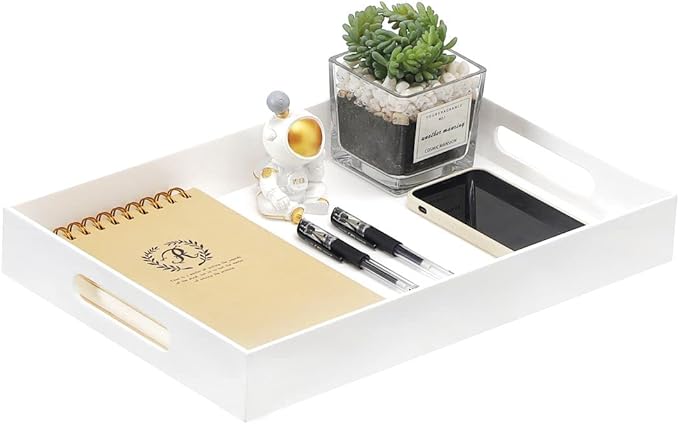 BEYLANG Glossy White Sturdy Acrylic Serving Tray with Handles-10x15Inch-Serving Coffee,Appetizer,Breakfast,Butler-Kitchen Countertop Tray-Makeup Drawer Organizer-Vanity Table,Ottoman Tray-Decorative