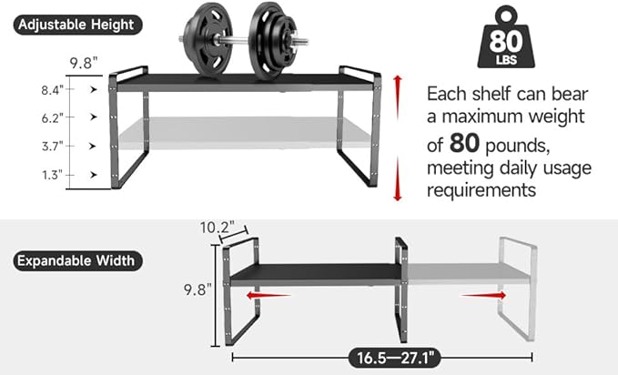 taiheis 16.5~27.1" Expandable Shelf Organizer, 1Pack 10.2" Wide Stackable Cabinet Shelf Organizers, Black Metal Sturdy Kitchen Counter Storage for Countertop, Adjustable Height Spice Rack