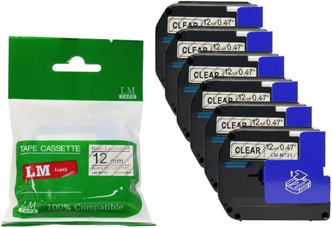 6/Pack LM Tapes - Premium Compatible 1/2" (12mm) Black on Clear M Series P-Touch Tape, Replaces M131
