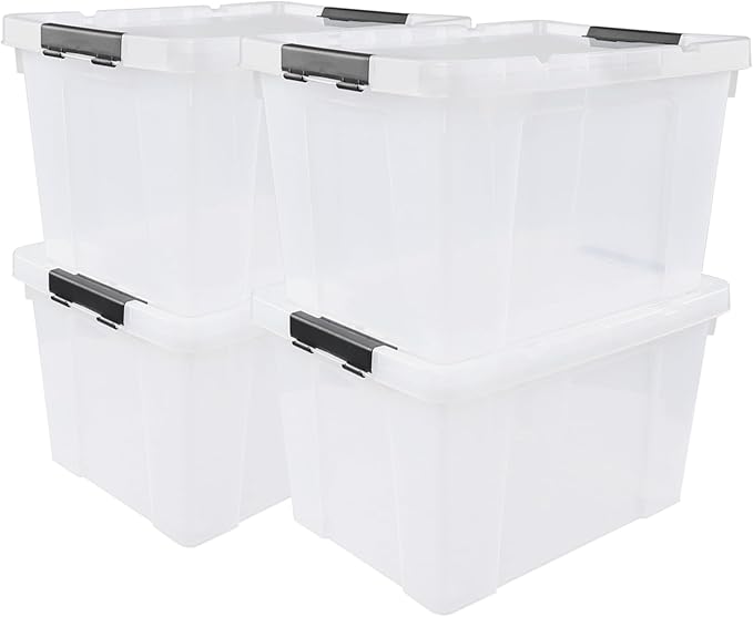 Morcte 4-Pack Clear Plastic Storage Box with Lid and Wheel, 32 L Plastic Storage Boxes