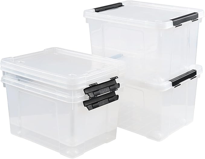 Obstnny 4 Packs 22 Quart Clear Latching Box with Wheels, Plastic Lidded Storage Bin