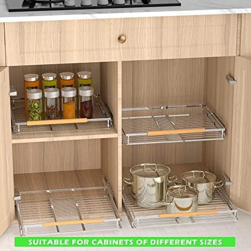 SOFRON Expandable Pull Out Drawer Cabinet Organizers, Heavy Duty Slide Out Storage Shelf for Home Kitchen Pantry Cupboard Pots Pans, Adjustable Width from 12.1"~18.4", Stainless Steel 2 Pack