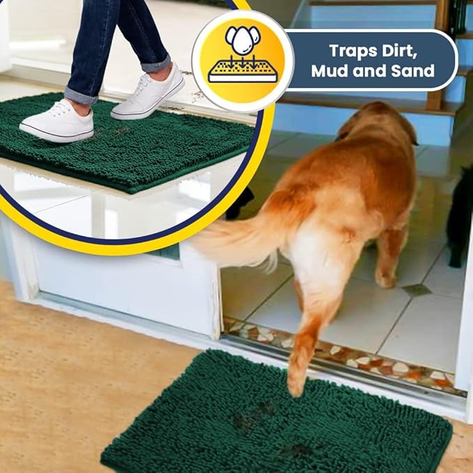 Muddy Mat® | Super Absorbent Door Mat Indoor, Microfiber Quick Dry Chenille Entryway Rug, Non-Slip Front Door Mat, Indoor Mats for Entryway, Machine Washable Pet Rug, Dark Green 24" x 72"