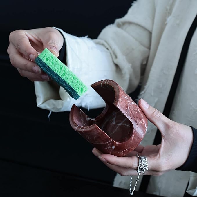 Travertine Marble Sponge Holder for Kitchen Counter - Natural Stone Dish Drying Rack, Sponge Caddy for Sink Organizer - Durable & Stylish Kitchen Decor (Rosso Red Marble)