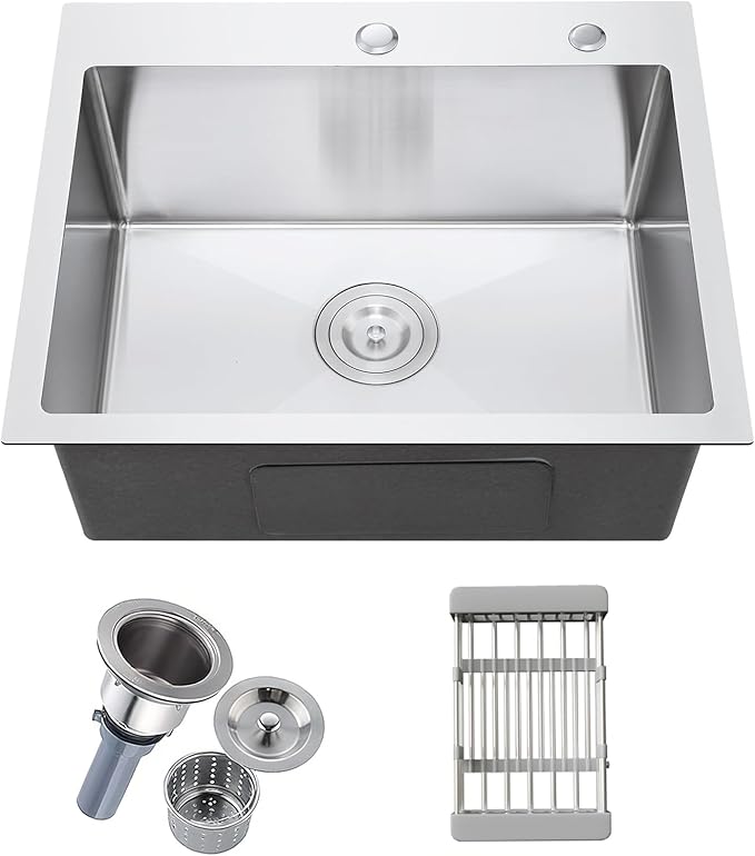25" x 22" Drop-In Kitchen Sink, Single Bowl Topmount with Nano Coating & Workstation Design, Stainless Steel with Enhanced Durability