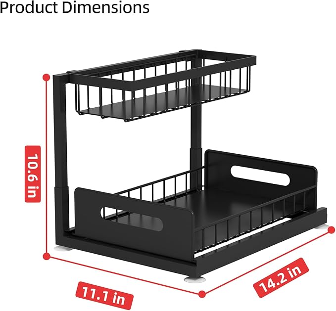 Lxmons 2-Tier Under Sink Slide Out Organizer, 2 Pack Pull Out Cabinet Storage Shelf with Sliding Wire Basket Drawer for Bathroom Kitchen, Countertop or Pantry Shelf, Black