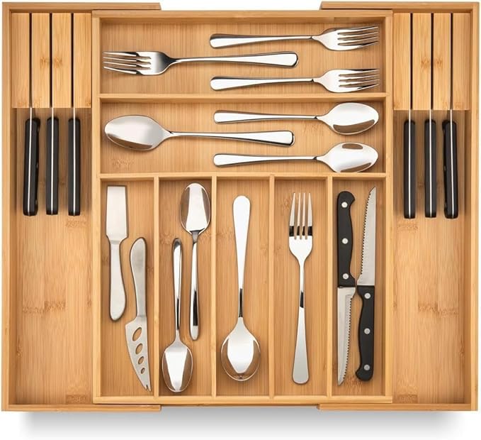 SUPER ECO Bamboo Kitchen Drawer Organizer - Bamboo Expandable Drawer Organizer Utensil Holder & Cutlery Tray - Adjustable Wood Drawer Dividers Organizer for Silverware, Flatware, Knives (9 Slot)