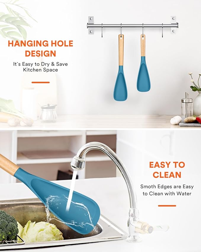 Multifunction Spoon for Nonstick Cookwares, Great for Cooking and Serving, Sturdy BPA-Free Matte Silicone, Wood Handle spoonula for Mixing, Scoop, and Scrape, Turquoise(2 pack,11.4" & 13.4")