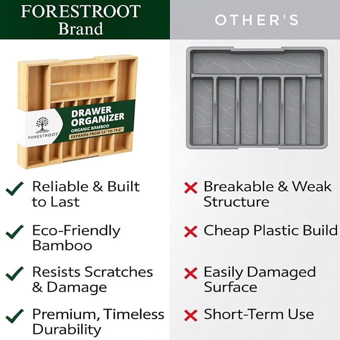 Forestroot Bamboo Drawer Organizer β Expandable 9 Slot Silverware & Utensil Tray for Kitchen, Office & Kitchen βFits 13ββ19.6β Drawers, Natural Bamboo Wood, Deep Compartments - Durable & Eco-Friendly
