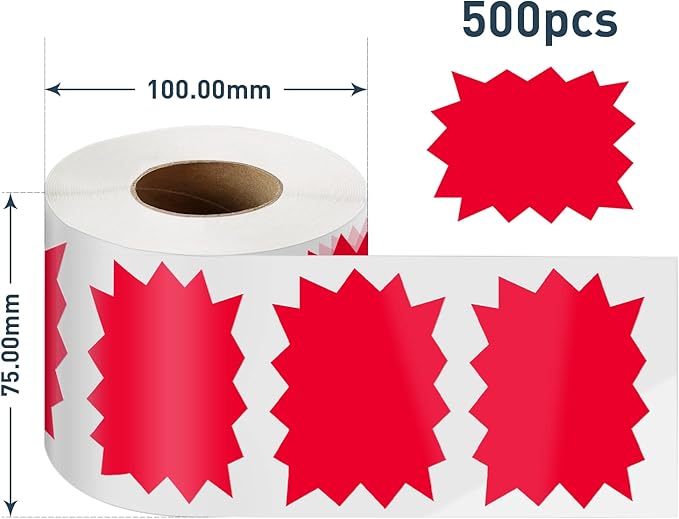 Price Tags Stickers Red 4 x 3 Inches Self-Adhesive Large Sale Sticker Starburst Signs Removable Waterproof Labels for Retail Store Market Business 500 PCS