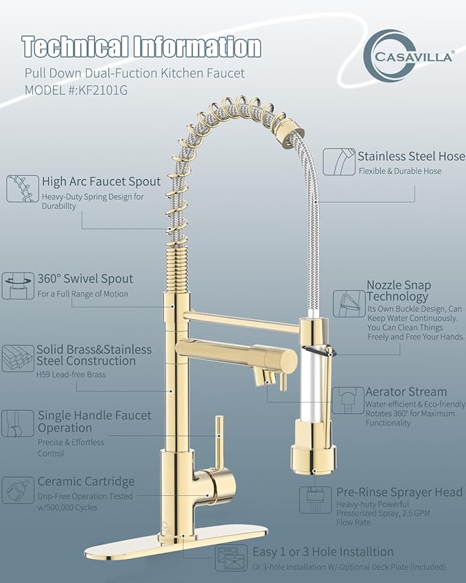 Gold Kitchen Faucet, Kitchen Faucet with Soap Dispenser, Kitchen Sink Faucet with Dual Function Spray Head and Deck Plate, 4 Hole Camper Farmhouse RV Sink Faucet with Sprayer