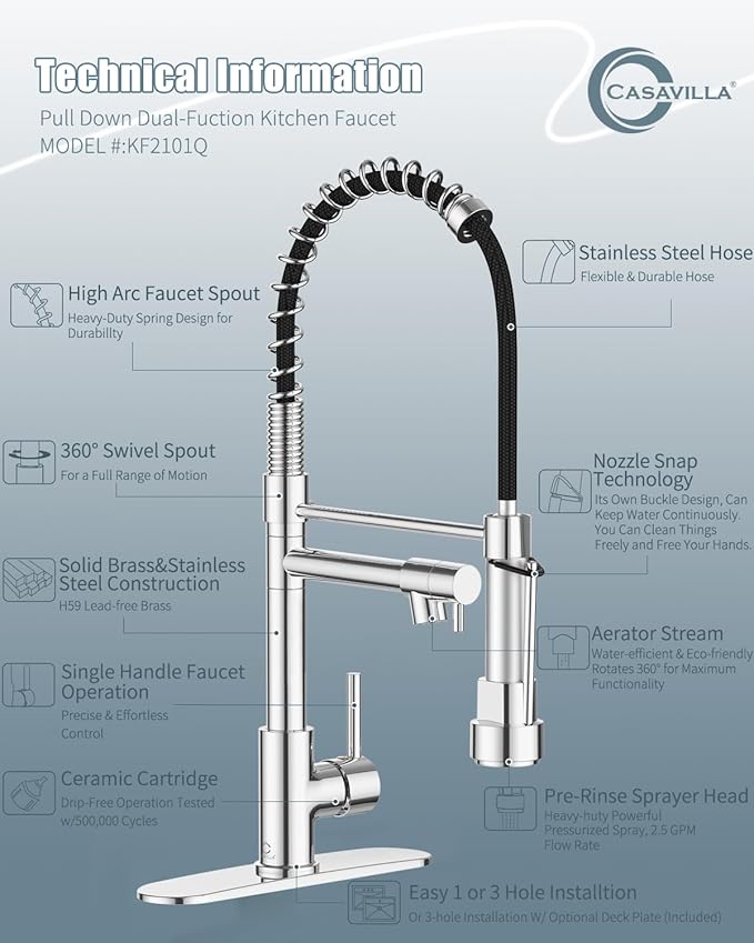 Kitchen Faucet with Soap Dispenser, Kitchen Faucet with Deck Plate and Dual Function Spray Head, Chrome Faucet for Camper Farmhouse RV Kitchen Sink, Single Handle Stainless Steel Sink Faucet