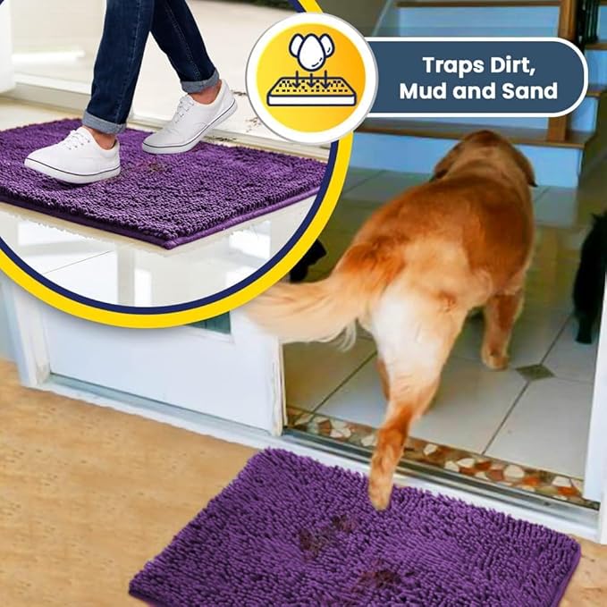 Muddy Mat® | Super Absorbent Door Mat Indoor, Microfiber Quick Dry Chenille Entryway Rug, Non-Slip Front Door Mat, Indoor Mats for Entryway, Machine Washable Pet Rug, Purple 24" x 96"