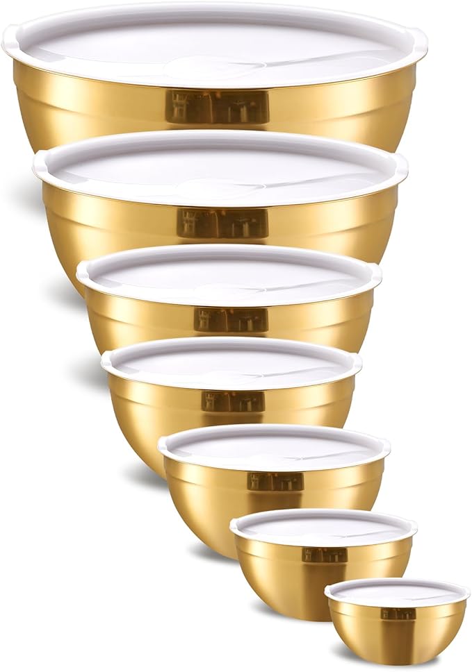 Moxinox Gold Mixing Bowls with Airtight Lids, Stainless Steel Nesting Mixing Bowls Set of 7, Ideal for Baking, Prepping and Serving Food, Size 7, 3.6, 2.7, 2.1, 1.5, 1.1,0.8 QT, Stackable Design