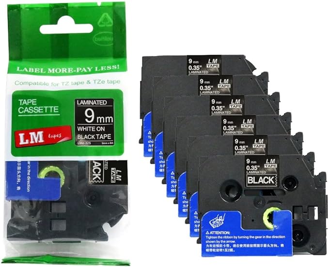 6/Pack LM Tapes - LMe-325 Premium 3/8" White Print on Black Label Compatible with Brother TZe325 Tape and Includes Tape Color/Size Guide. Replaces TZ-325 9mm 0.35 Laminated.