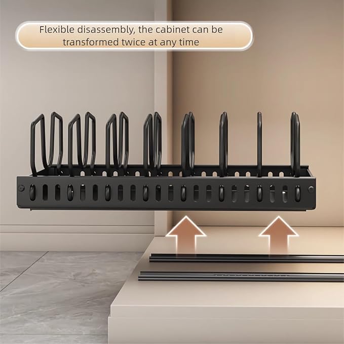 pots and pans organizer under cabinet,pot lid organizers inside cabinet holders for kitchen,Horizontal and vertical pulling modes,Can be extended and adjusted (Black horizontal pull-out)