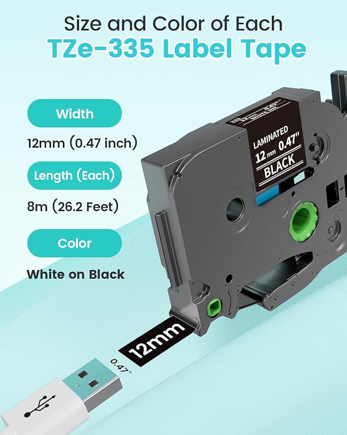 Label Maker Tape Black Replacement for Brother TZe-335 TZe335 Laminated P Touch Label Maker Tape White on Black TZe TZ 12mm 0.47 Laminated for Brother PT-D210 PT-D220 PT-H110 PT-D400 PT-D600, 4-Pack