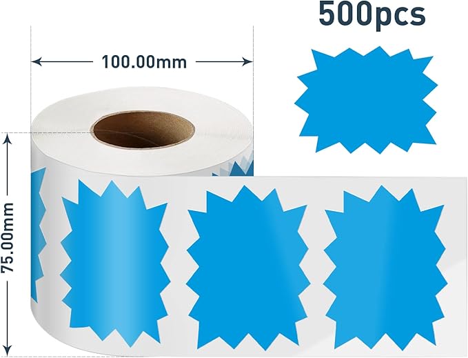 Price Tags Stickers Blue 4 x 3 Inches Self-Adhesive Large Sale Sticker Starburst Signs Removable Waterproof Labels for Retail Store Market Business 500 PCS