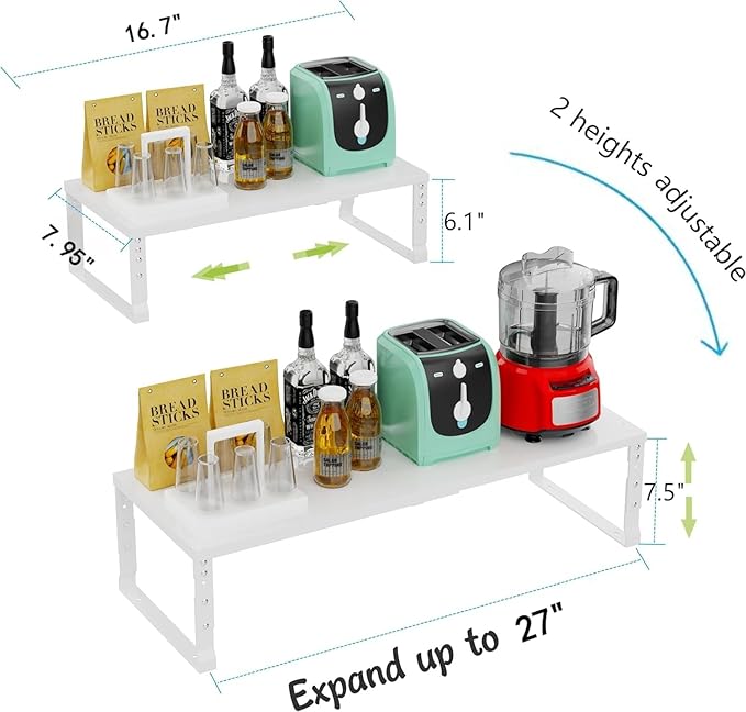 Jojocross Expandable Cabinet Shelf Organizer Storage Spice Rack Shelves for Kitchen Stackable Adjustable Pantry Cupboard Bathroom Countertop Desktop(2Packs/White/Medium)