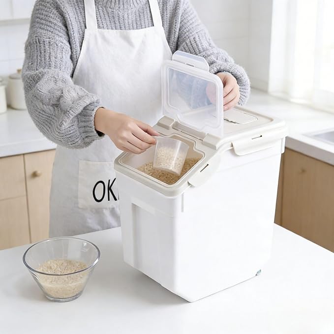 Saim Flour Container Set of 2 (50 lbs), Large Rice Storage Container with Measuring Cup & Scoop, BPA Free Rice Dispenser, Cereal & Dry Food Bin, Kitchen Organizer for Beans, Oatmeal and Grains - Gray