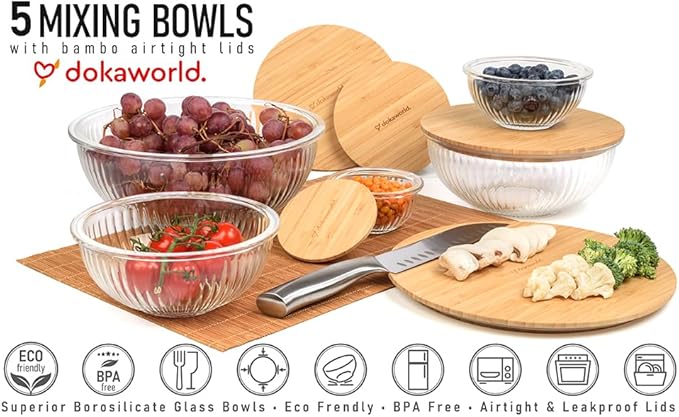 dokaworld Stackable Space-Saving Set of 5 Nesting Glass Bowls with Bamboo Lids for Foodprep, Storage, Baking, Mixing & Cooking, Microwave & Oven Safe BPA Free Heat Resistant Inert Borosilicate Glass