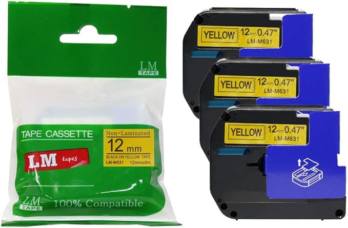 3/Pack LM Tapes - Premium Compatible 1/2" (12mm) Black on Yellow M Series P-Touch Tape, Replaces MK631
