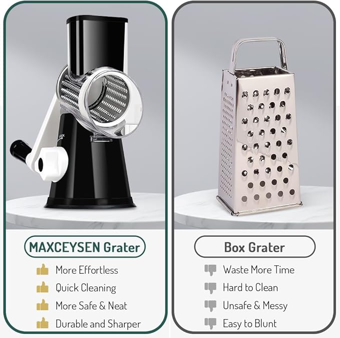 Maxceysen Rotary Cheese Grater with Handle Vegetable Shredder Round Kitchen Slicer Mandoline Grater for Vegetable, Nuts, Chocolate, Chesse, White, 3 Stainless Steel Blades