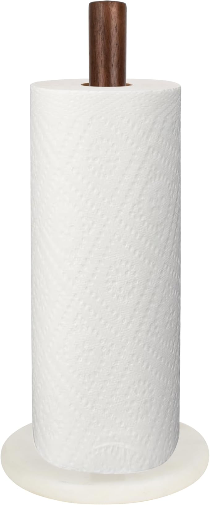 happimess PRH2000B Avery Modern Classic Wood with Non Slip Weighted Marble Base Paper Towel Holder, for Bathroom Kitchen Countertop, Standard or Jumbo-Sized Roll Paper, White/Natural