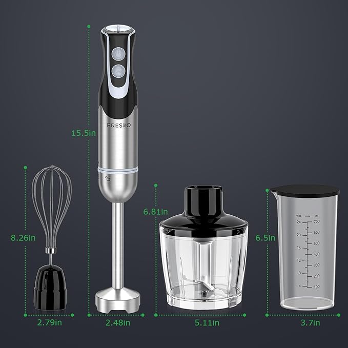 FRESKO Immersion Blender Handheld, 4-in-1 Stainless Steel Hand Electric Stick Mixer with 12-Speeds & Turbo Mode, Powerful 500W Emulsion Blender with Beaker, Chopper & Whisk