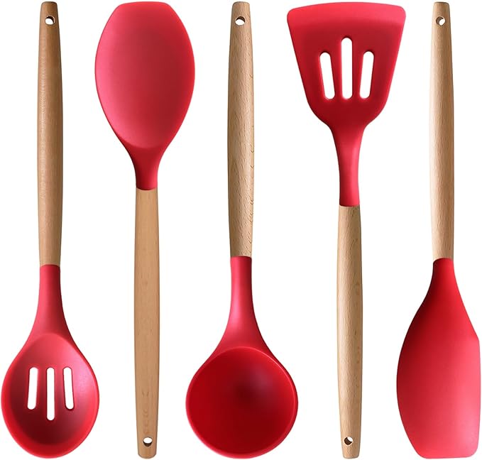 IOCBYHZ Silicone Cooking Utensils Set 5Pcs Non-Stick Silicone Kitchen Utensils for Cooking, Heat Resistant Kitchen Gadgets Spatula Spoon Turner Set with Wooden Handles for Non-Stick Cookware BPA Free