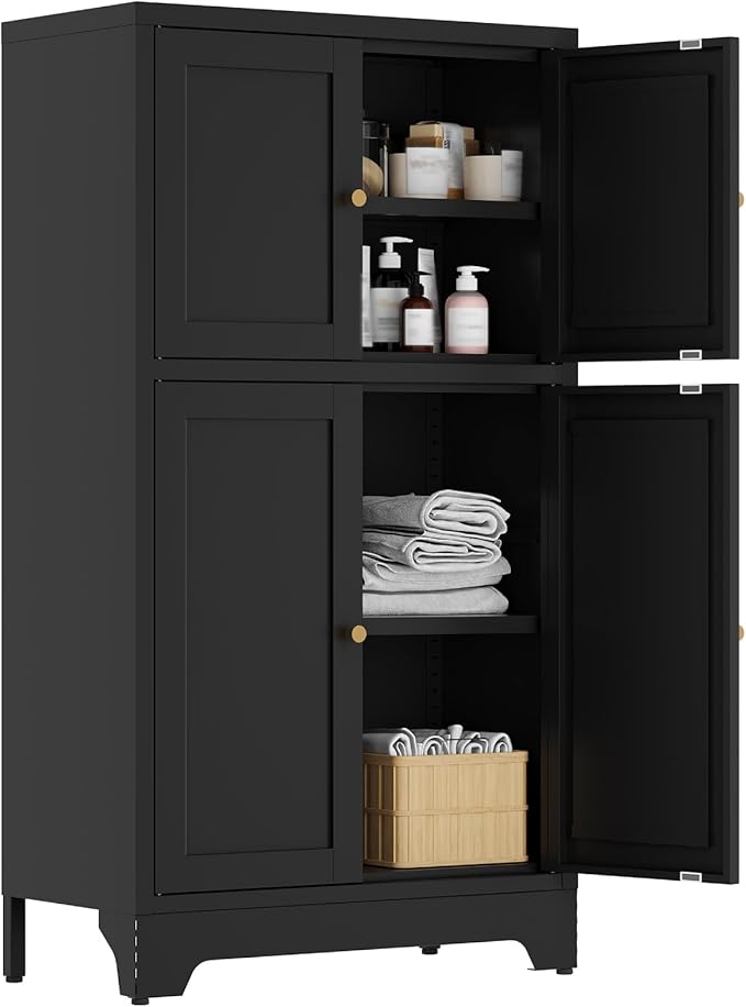 Bathroom Floor Cabinet, Metal Storage Cabinet with 2 Adjustable Shelves & 4 Doors,Freestanding Sideboard for Dining Room,Living Room, Home Office(1PC,Black)